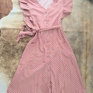 Pink polka dot flutter sleeve dress